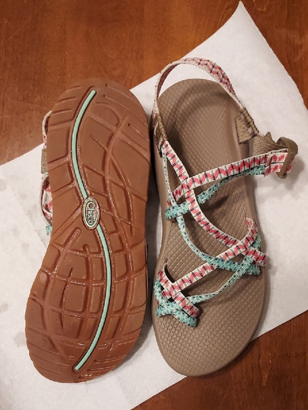 Chaco Women's Strappy Sandals in Brown with Mint and Coral Multistrap